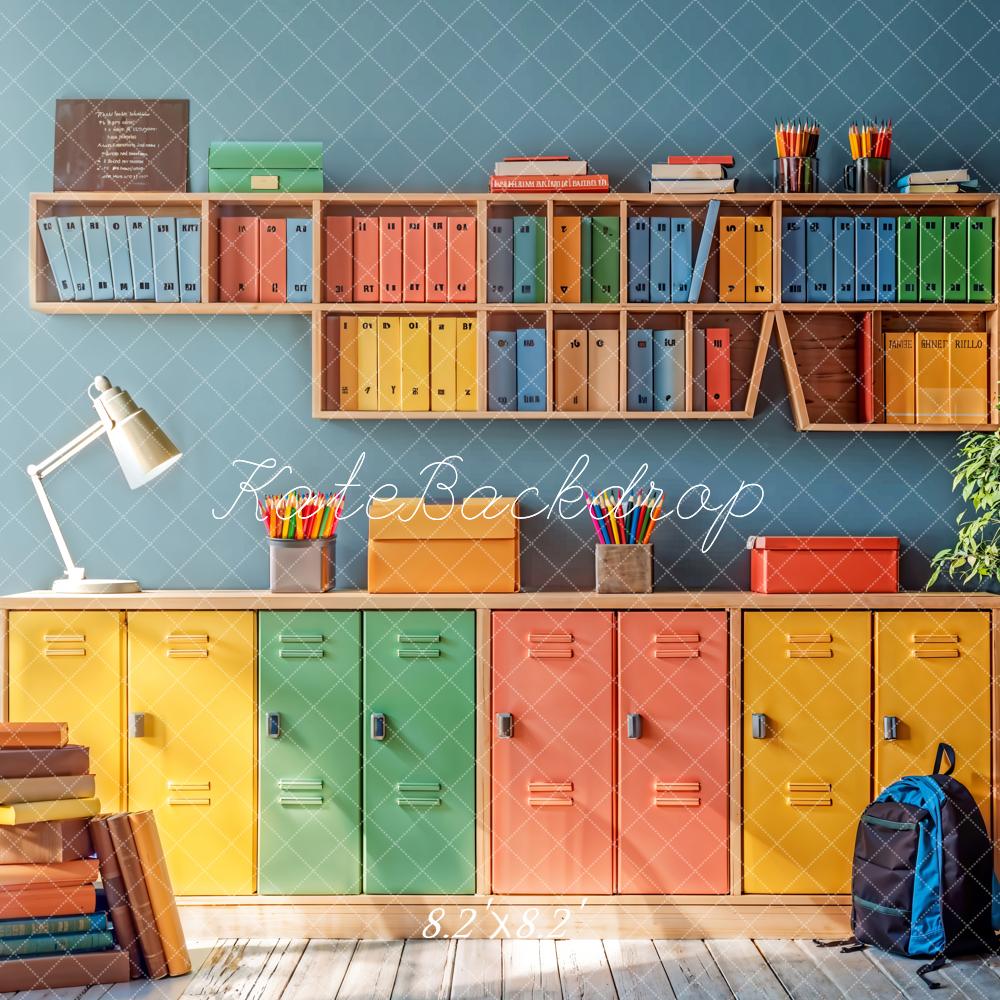 Back to School Kleurvolle Locker Boekenplank Foto Achtergrond Designed by Emetselch