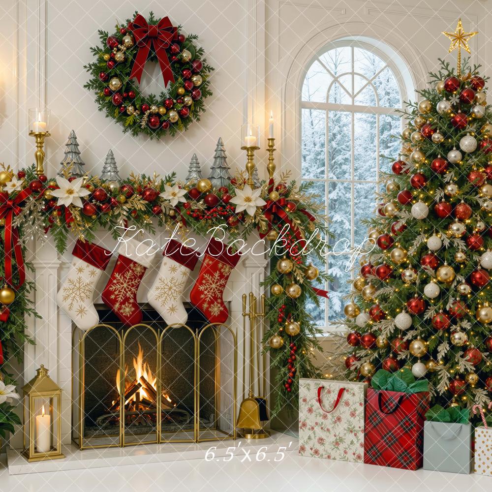 Kate Christmas Fireplace Tree Wreath Garland Gift Bags Printed Backdrop Designed by Mini MakeBelieve