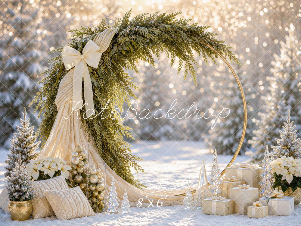 Kate Christmas Circle Arch Snowy Greenery Bow Snowy Printed Backdrop Designed by Mini MakeBelieve