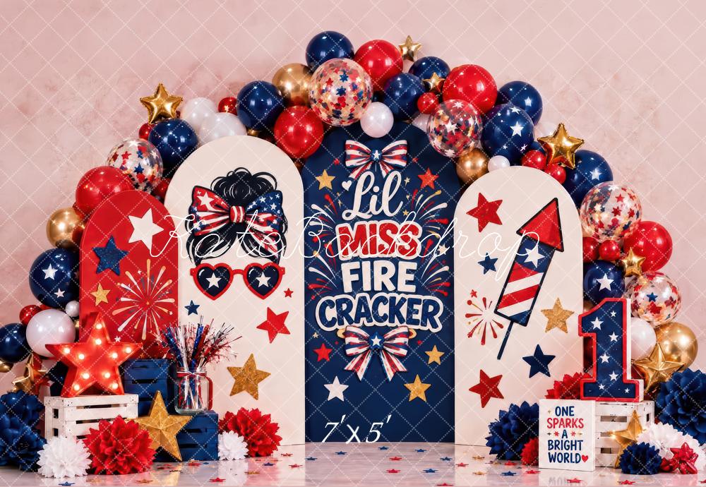Kate First Birthday Balloon Arch Fireworks Printed Backdrop Designed by Laura Bybee