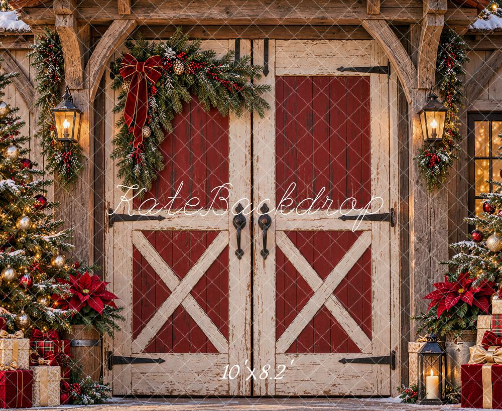 Kate Christmas Rustic Red Barn Door Christmas Trees Gifts Printed Backdrop Designed by Shutter Swan Studios