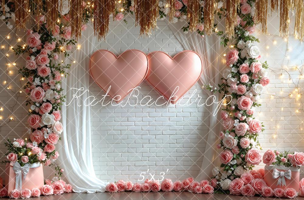 Kate Heart Balloons Flower Arch Pink Roses White Brick Wall Backdrop Designed by Mini MakeBelieve