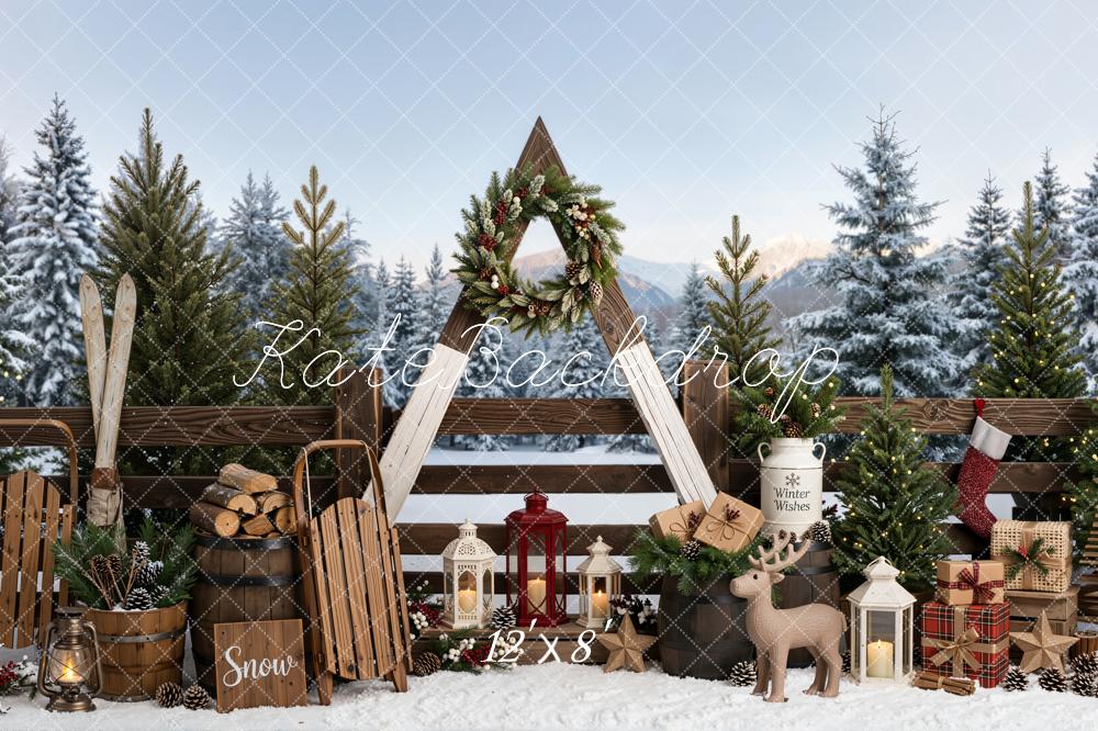 Kate Christmas Winter Outside Skis Sleds Wreath Snow Printed Backdrop Designed by Emetselch