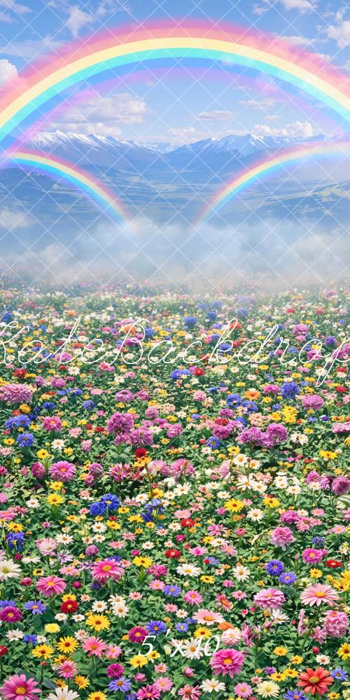 Kate Sweep Rainbow Mountain Flower Field Printed Backdrop Designed by Mini MakeBelieve