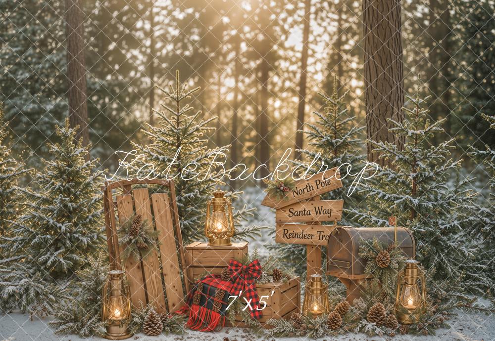 Kate Christmas Winter Forest Pine Trees Lantern Wood Sled Mailbox Signpost Printed Backdrop Designed by Emetselch