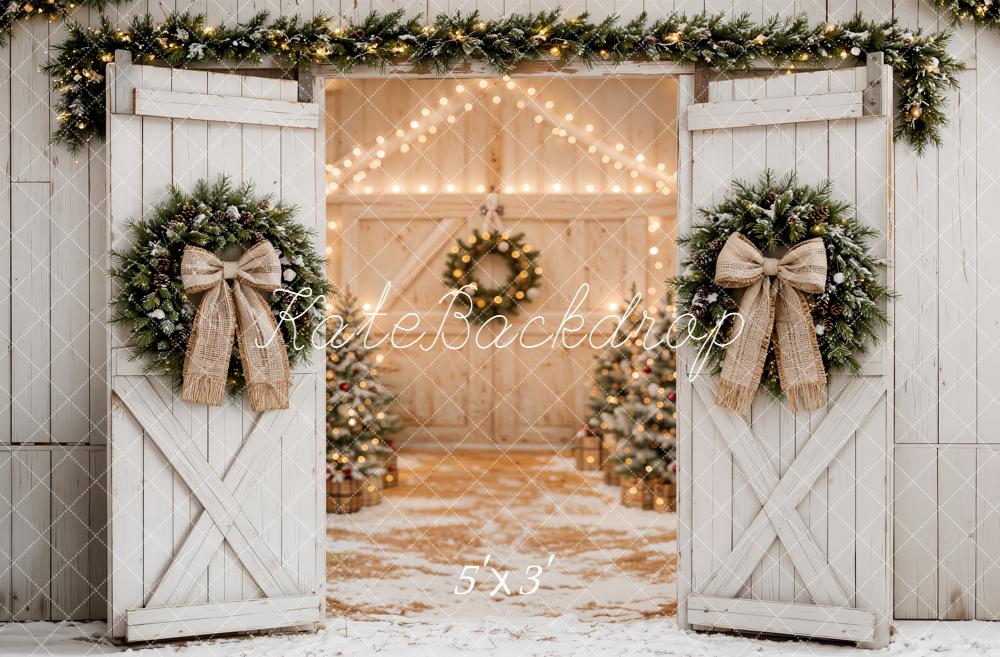 Kate Christmas White Barn Doors Wreaths Garland Bow Printed Backdrop Designed by Emetselch