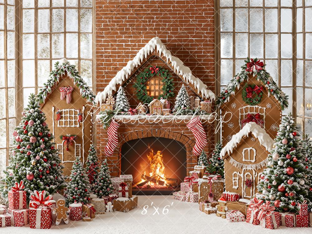 Kate Christmas Gingerbread Fireplace Trees Gifts Brick Wall Backdrop Designed by Emetselch