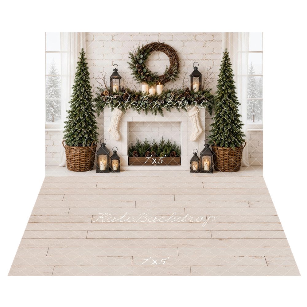 Kate Christmas Fireplace Minimalist Pine Trees Wreath Stockings Lanterns Printed Backdrop+White Retro Wall Planks Printed Backdrop
