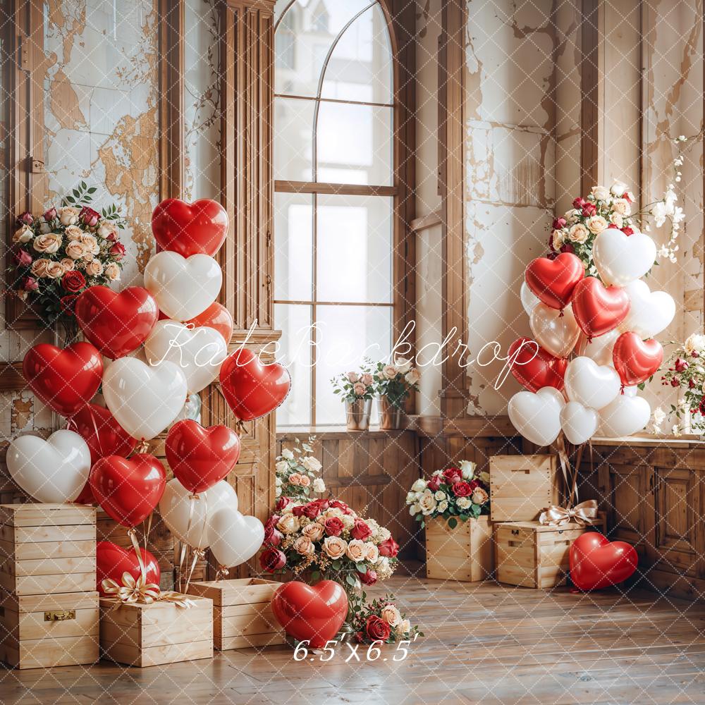 Kate Valentine Heart Balloons Wooden Vintage Window Backdrop Designed by Emetselch