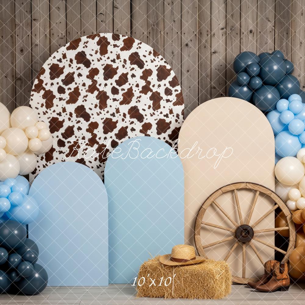 Kate Cake Smash Western Cowboy Balloons Hay Bale Wheel Backdrop Designed by Patty Roberts