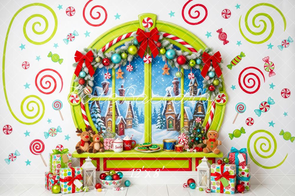 Kate Christmas Whimstical Candy Window Village Printed Backdrop Designed by Patty Roberts