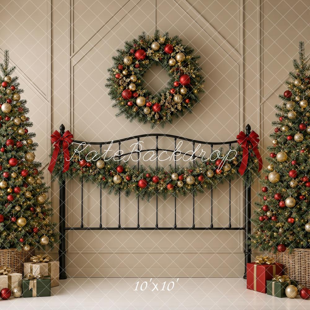 Kate Christmas Headboard Trees Wreath Garland Beige Wall Printed Backdrop Designed by Shutter Swan Studios