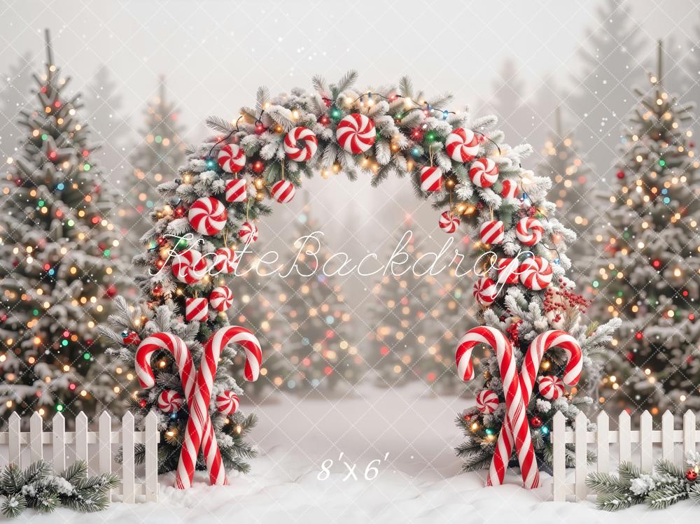 Kate Christmas Flower Arch Candy Cane Trees Fence Printed Backdrop Designed by Emetselch