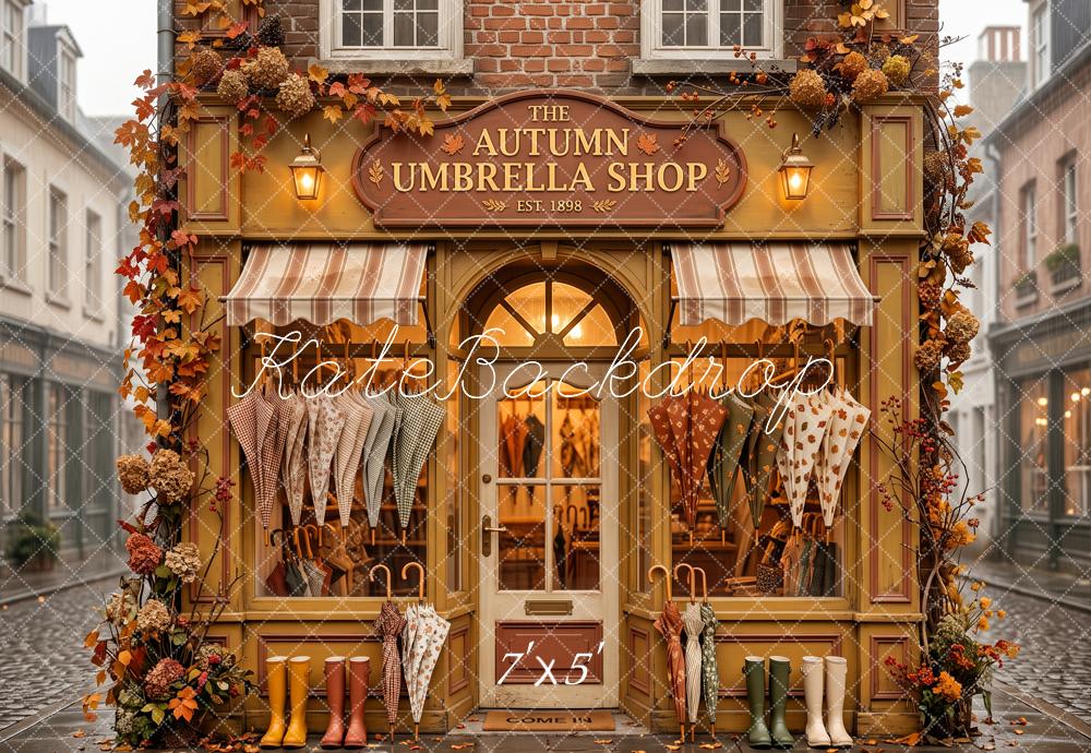 Kate Fall Umbrella Shop Storefront Street Printed Backdrop Designed by Patty Roberts