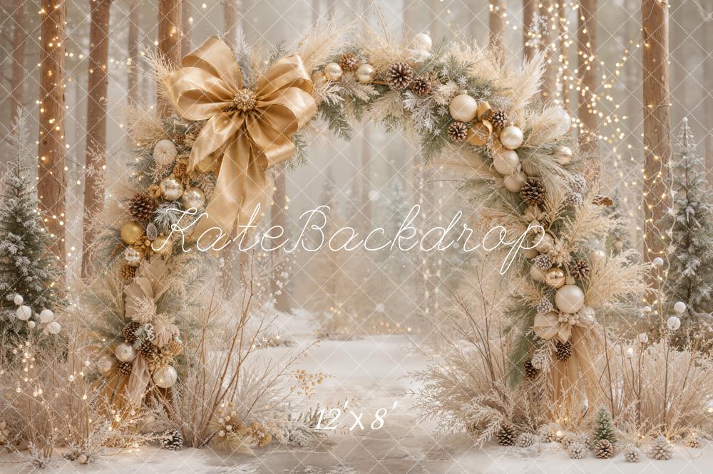 Kate Christmas Flower Arch Gold Bow Ornaments Snowy Forest Printed Backdrop Designed by Emetselch