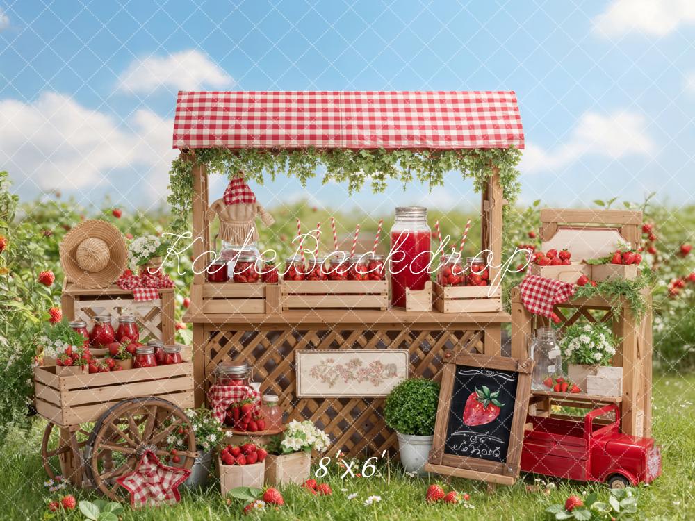 Kate Summer Strawberry Market Stand Wagon Crates Gingham Printed Backdrop Designed by Emetselch