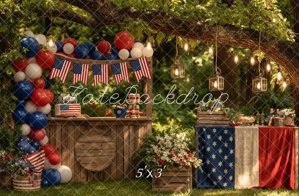 Kate 4th of July Patriotic Outdoor Balloons American Flags Rustic Table Printed Backdrop Designed by Emetselch