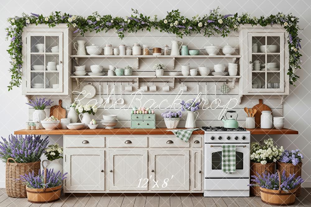 Kate Vintage Kitchen Cabinets Lavender Flowers Backdrop Designed by Patty Roberts