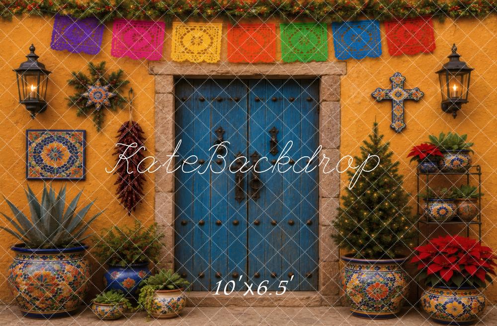 Kate Mexican Christmas Orange Hacienda Door Papel Picado Printed Backdrop Designed by Vertigo Productions