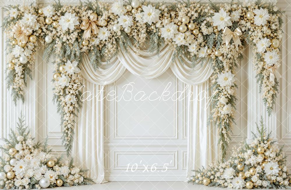 Kate Christmas White Gold Flower Arch Drapes Printed Backdrop Designed by Mini MakeBelieve