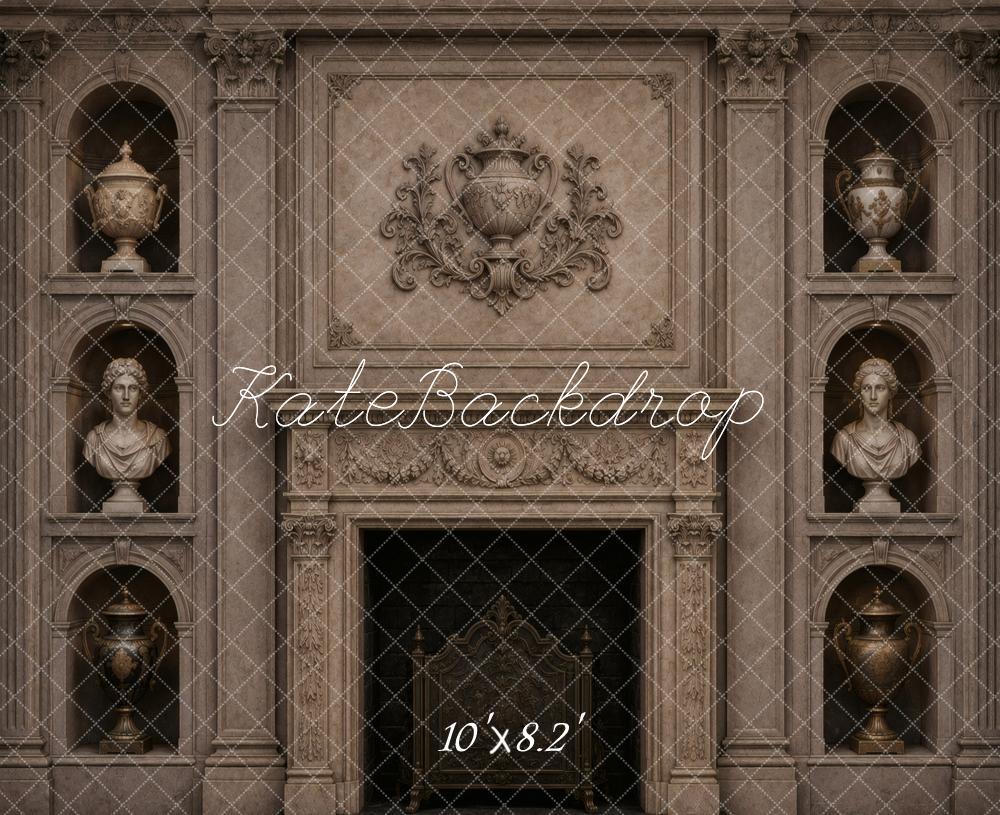 Kate Vintage Wall Fireplace Busts and Urns Printed Backdrop Designed by Vertigo Productions