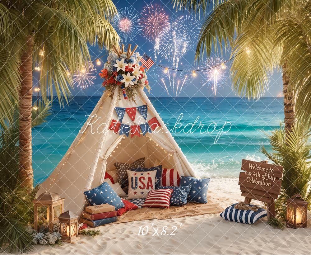 Kate Fourth of July Beach Tent Fireworks Printed Backdrop Designed by Emetselch