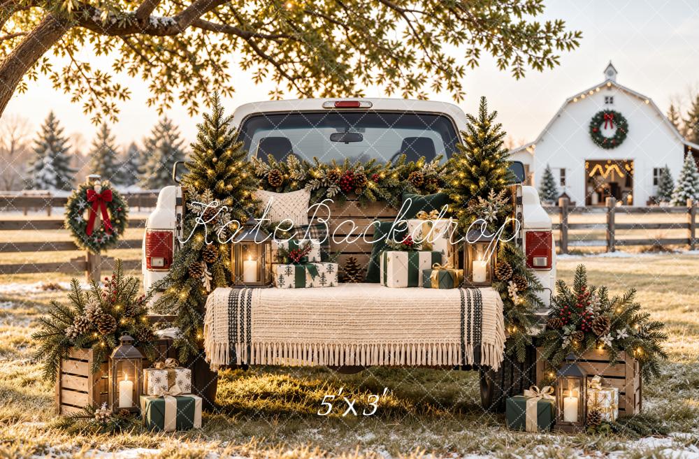 Kate Christmas Farm Vintage White Truck Gift Barn Printed Backdrop Designed by Emetselch
