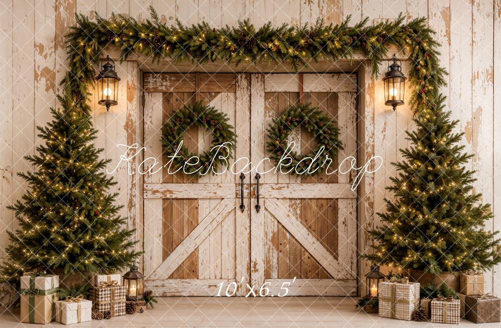 Kate Christmas Barn Doors Vintage Evergreen Trees Garland Printed Backdrop Designed by Emetselch
