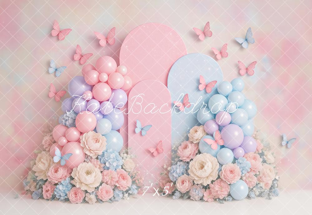 Kate Cake Smash Pastel Balloon Floral Butterfly Backdrop Designed by Ashley Paul