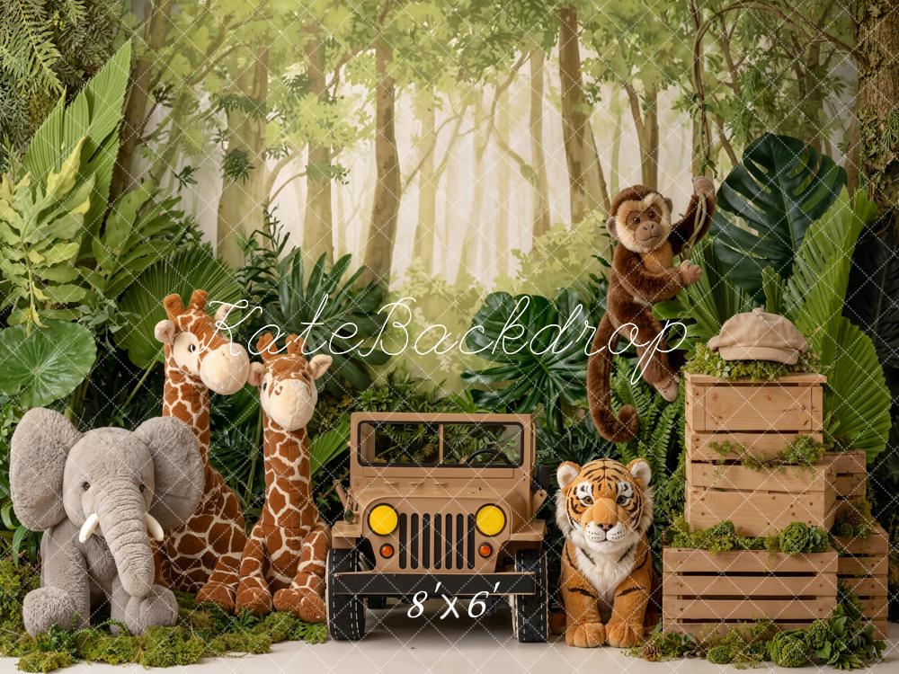 Kate Jungle Safari Jeep Giraffe Elephant Tiger Monkey Printed Backdrop Designed by Emetselch