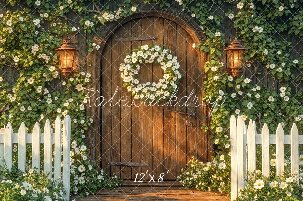 Kate Spring Wooden Door White Floral Wreath Garden Fence Backdrop Designed by Emetselch