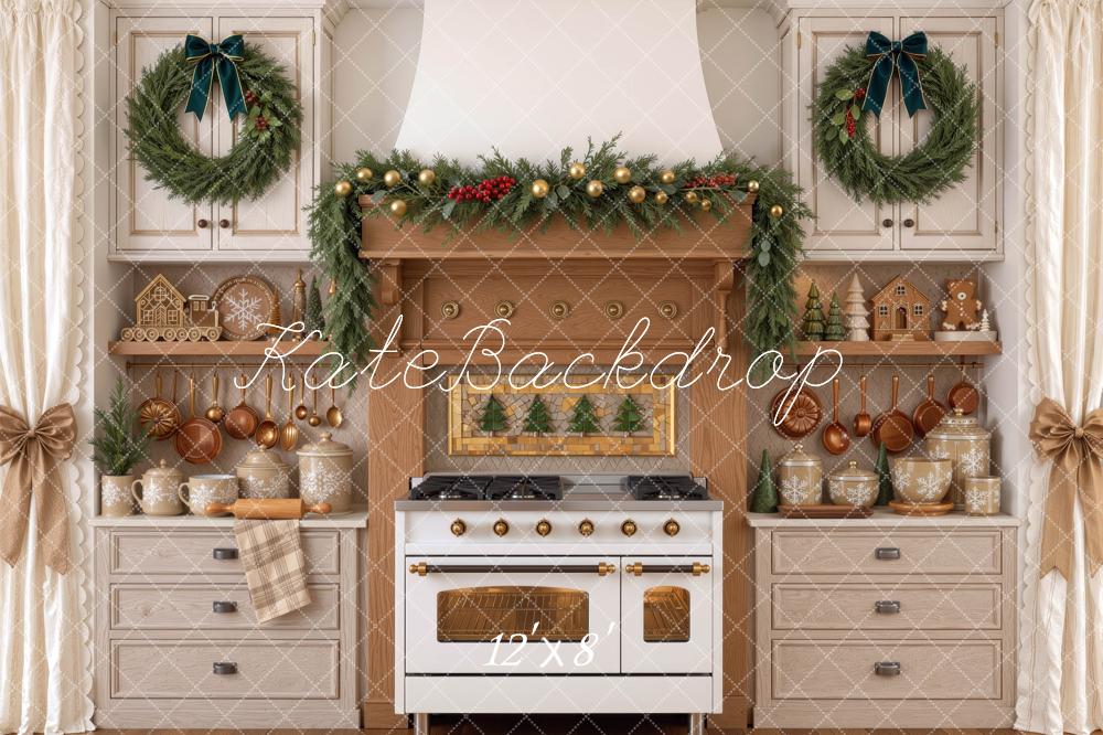 Kate Christmas Kitchen Cabinet Rustic Stove Garland Wreath Printed Backdrop Designed by Mini MakeBelieve