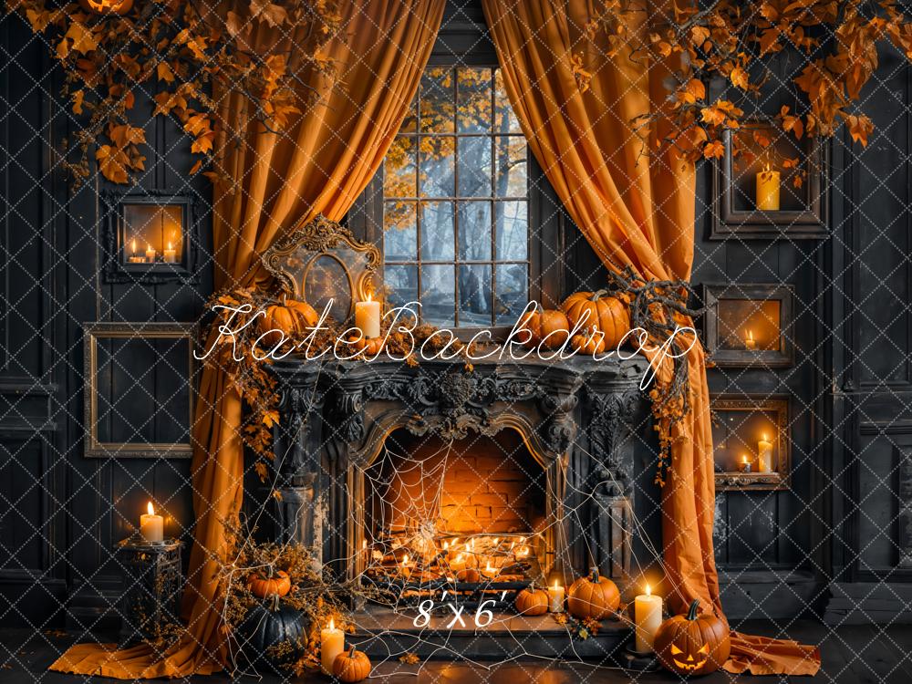 Kate Halloween Pumpkin Orange Curtain Black Fireplace Backdrop Designed by Emetselch