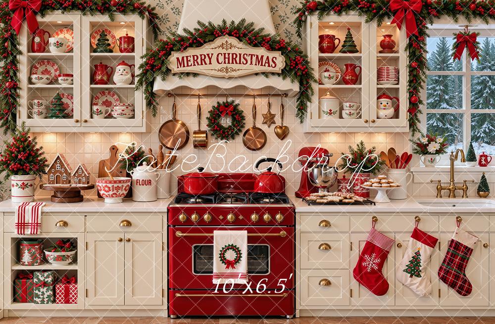 Kate Christmas Kitchen Garland White Cabinets Red Oven Printed Backdrop Designed by Shutter Swan Studios