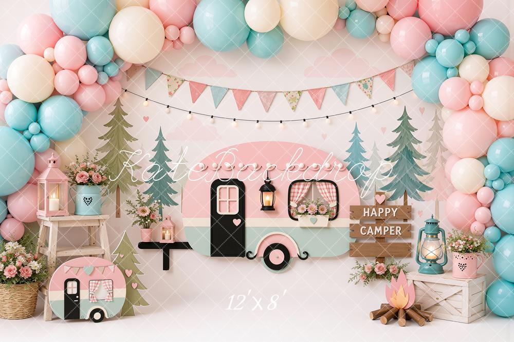 Kate Cake Smash Pastel Camper Party Balloons Campfire Printed Backdrop Designed by Ashley Ward