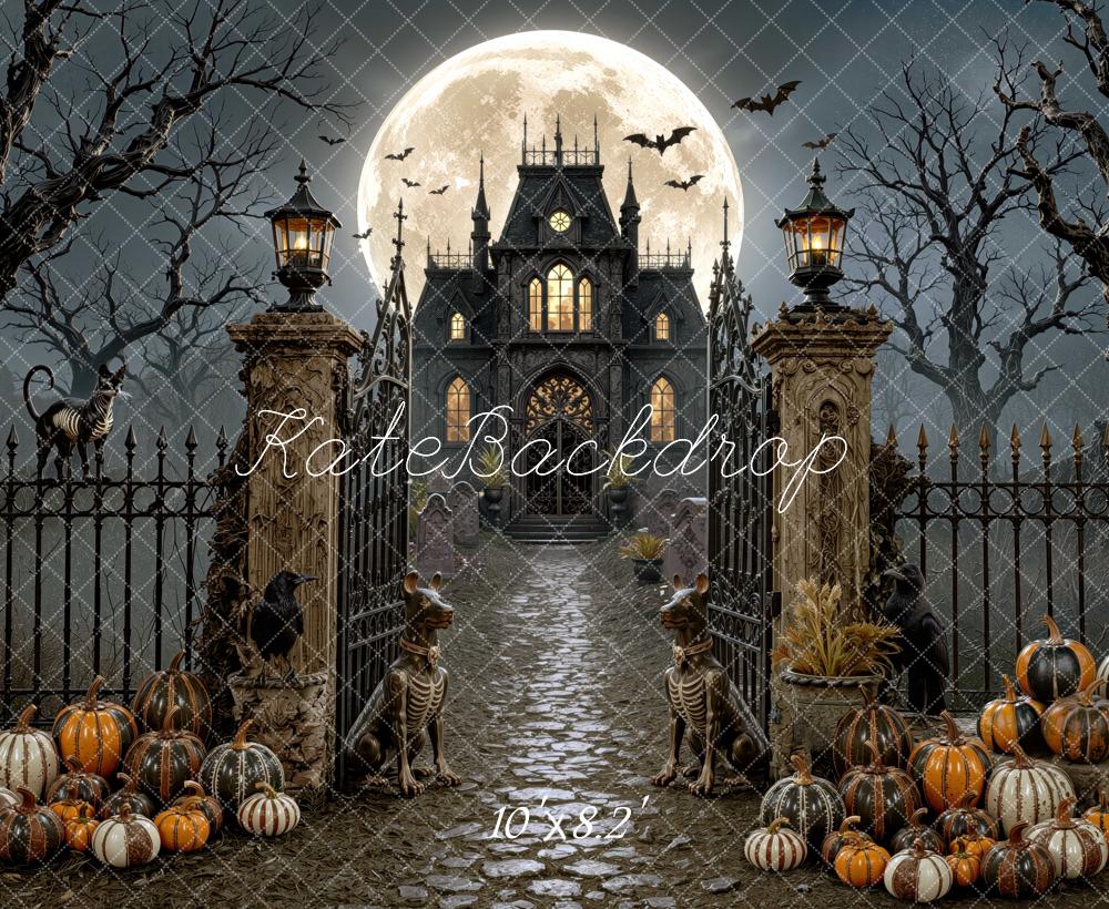 Kate Halloween Night Haunted Mansion Moon Pathway Pumpkins Printed Backdrop Designed by Mini MakeBelieve
