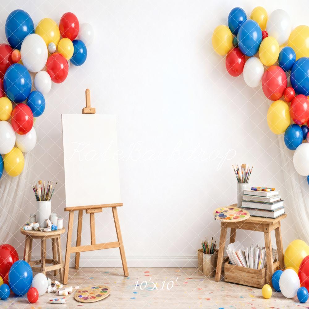 Kate Kids Art Studio Balloons Easel White Printed Backdrop Designed by Vertigo Productions