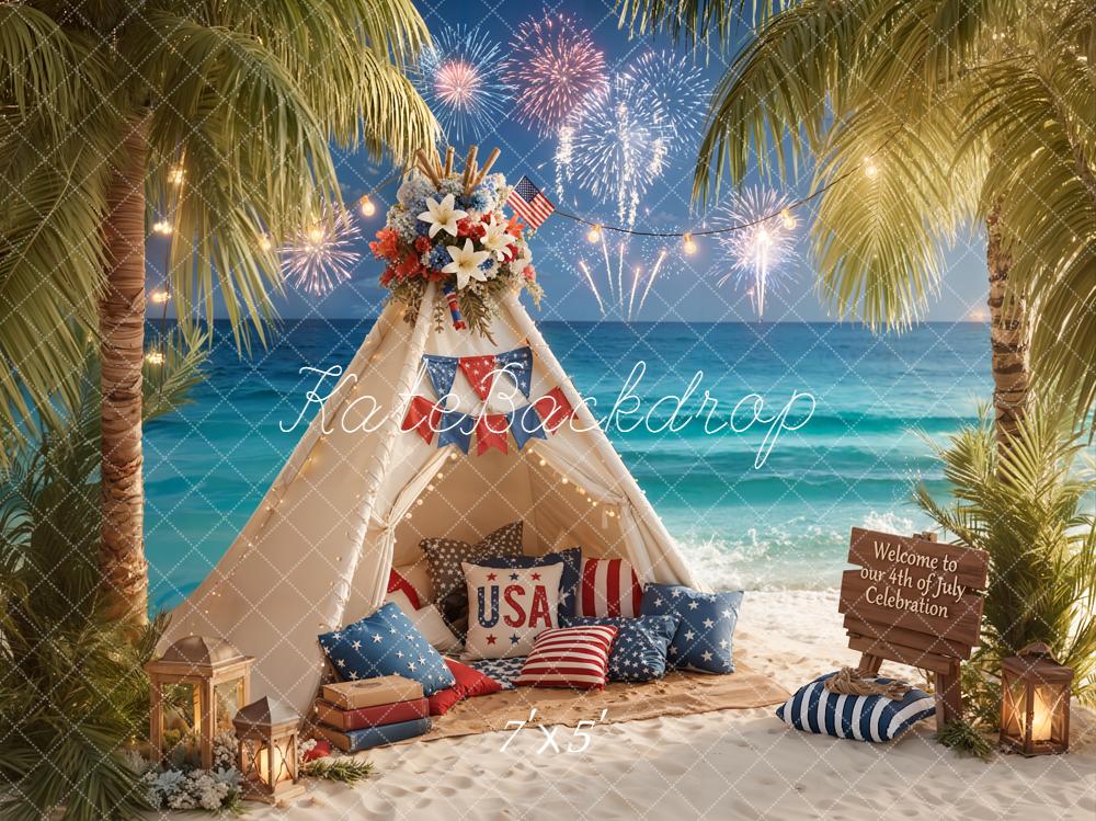 Kate Fourth of July Beach Tent Fireworks Printed Backdrop Designed by Emetselch
