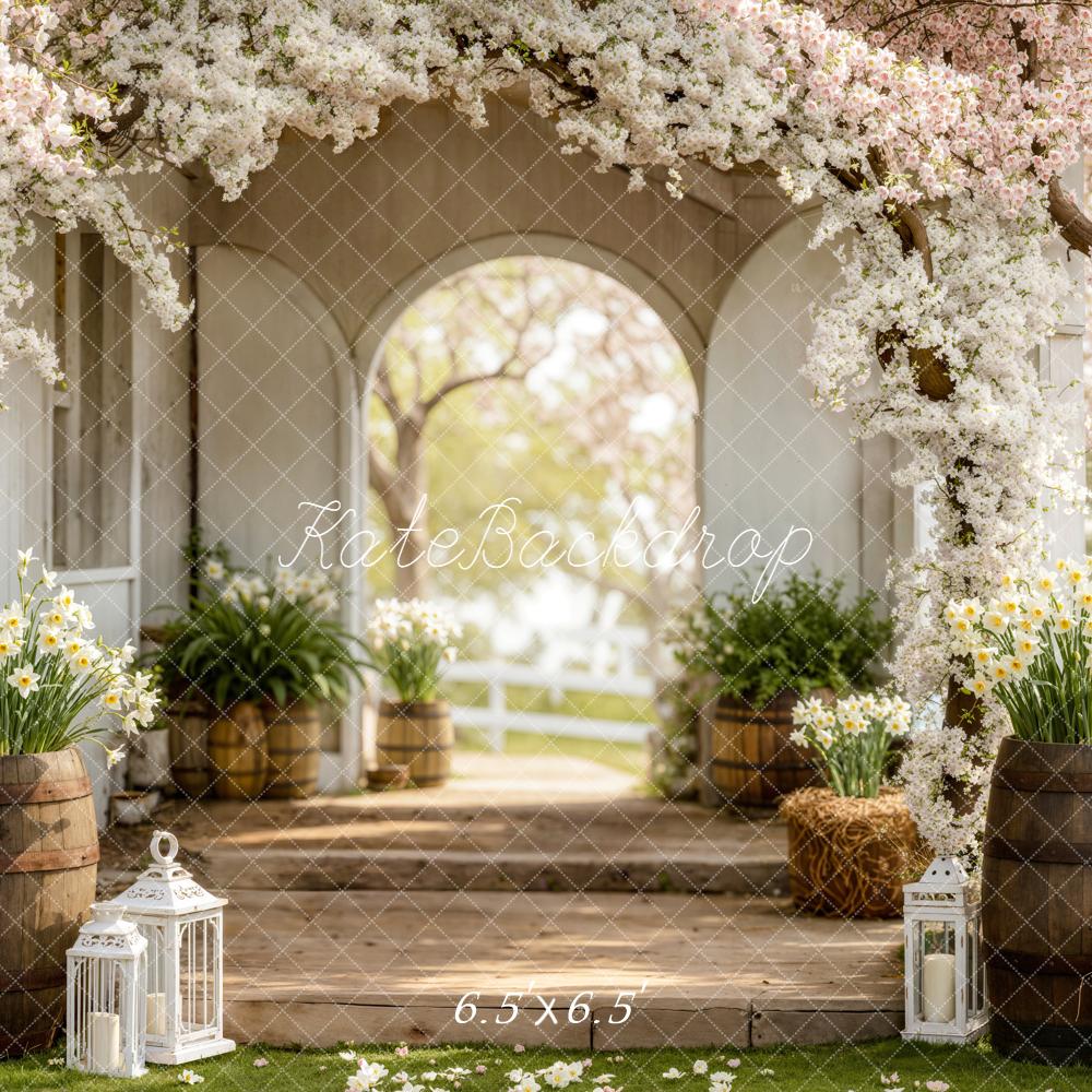 Kate Spring Flower Arch Spring Porch Barrels Daffodils Printed Backdrop Designed by Emetselch