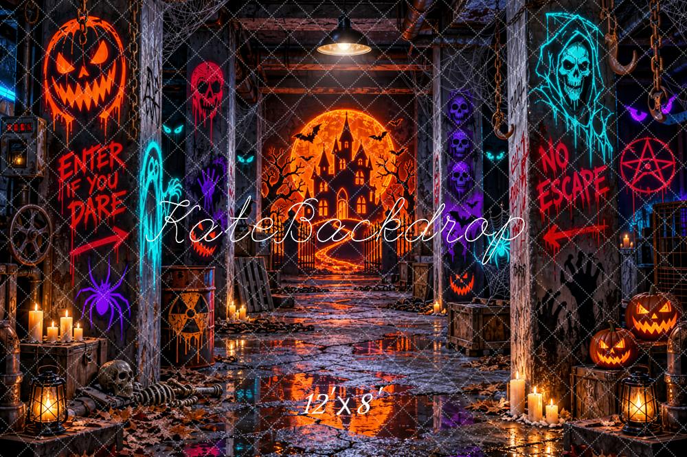 Kate Halloween Haunted Castle Hallway Pumpkins Printed Backdrop Designed by Emetselch