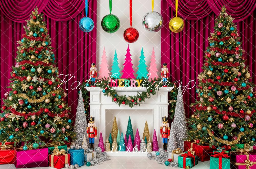 Kate Christmas Nutcracker Fireplace Red Curtain Gift Boxes Backdrop Designed by Patty Roberts