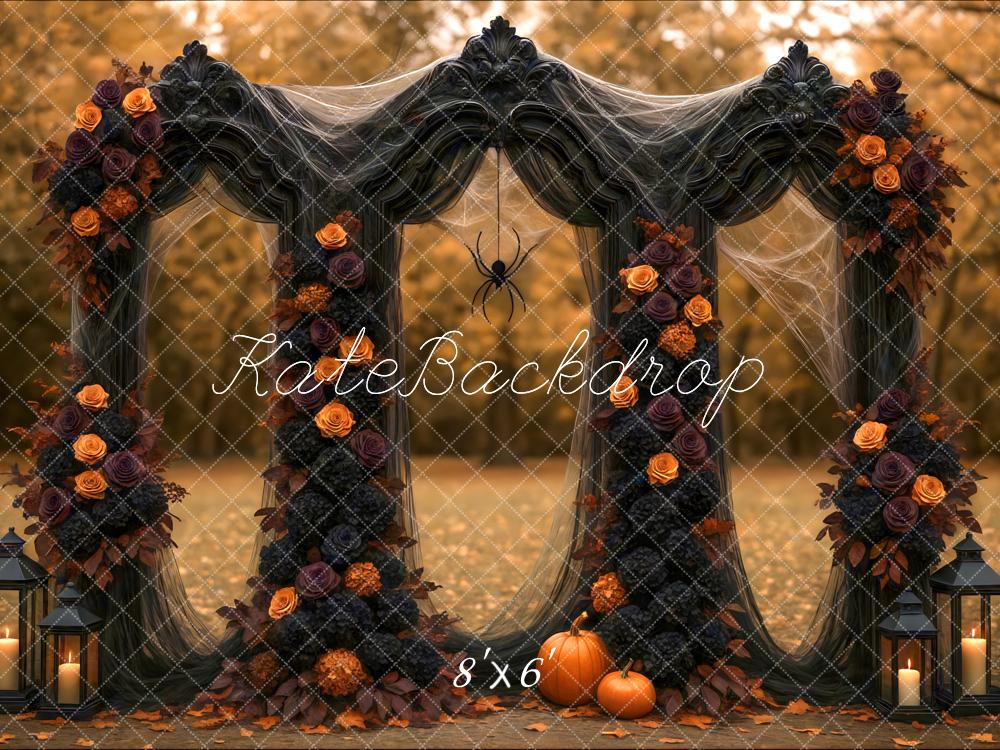 Kate Halloween Black Floral Arch Pumpkins Lanterns Spider Webs Backdrop Designed by Mini MakeBelieve