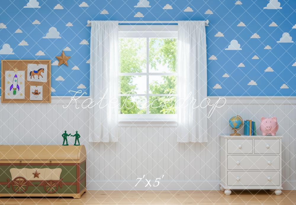 Kate Toys Room Blue Cloud Window Curtains Printed Backdrop Designed by Mini MakeBelieve
