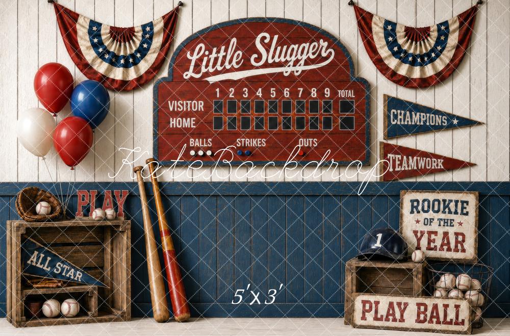 Kate Baseball Vintage Scoreboard Bats Crates Balloons Bunting Printed Backdrop Designed by Shutter Swan Studios