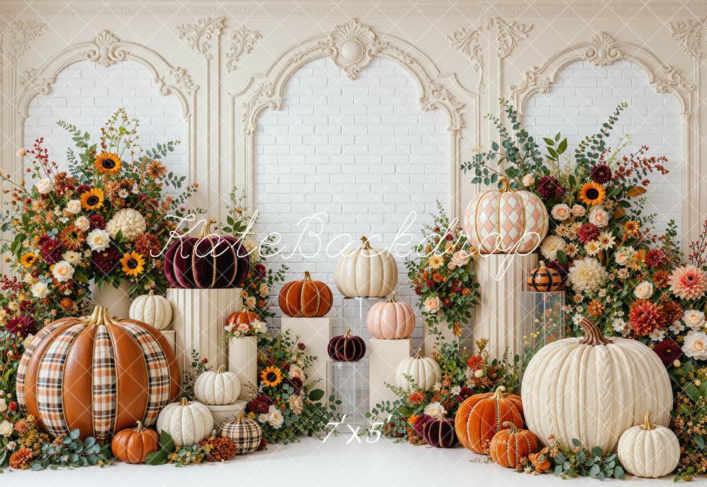 Kate Fall Pumpkin Harvest Floral Arch Vintage Wall Printed Backdrop Designed by Mini MakeBelieve
