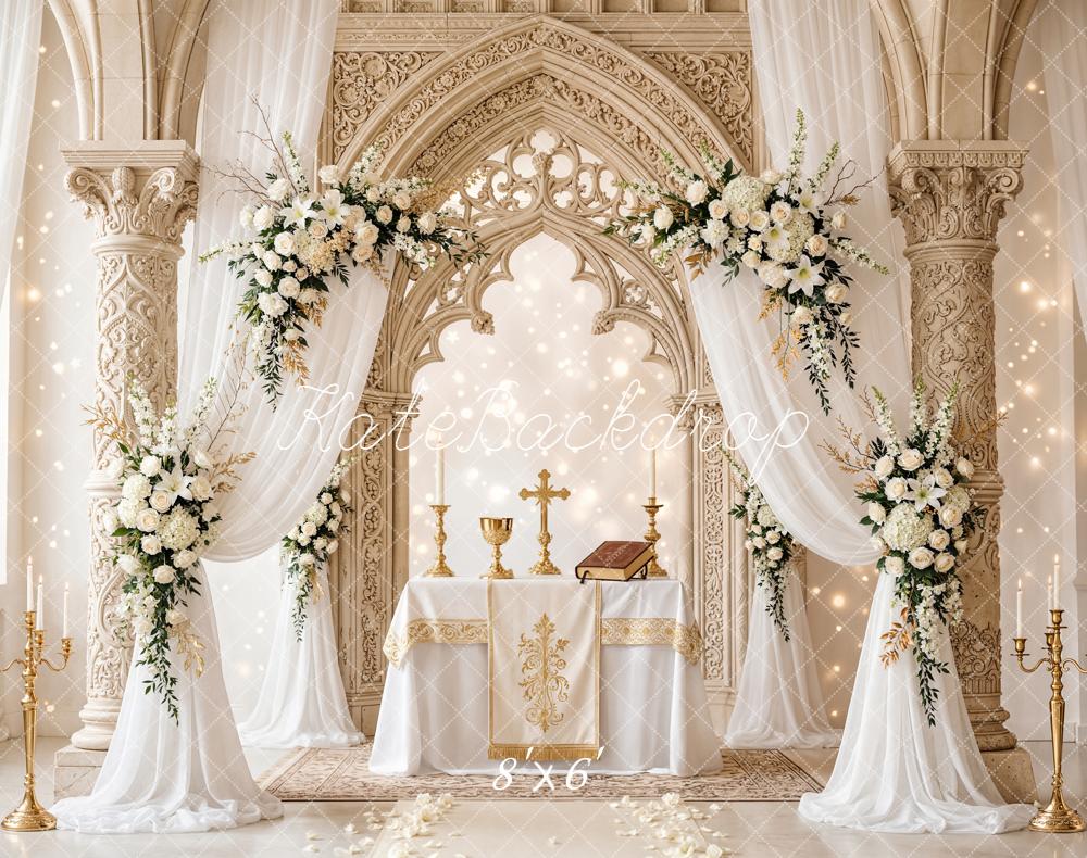 Kate Mother's Day Floral Arch Ornate Columns Altar Printed Backdrop Designed by Chain Photography