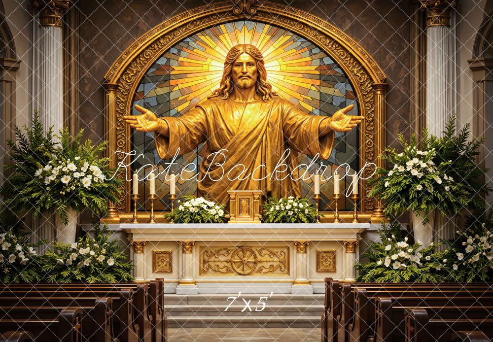 Kate Church Altar Gold Jesus Statue Stained Glass Floral Backdrop Designed by Mini MakeBelieve