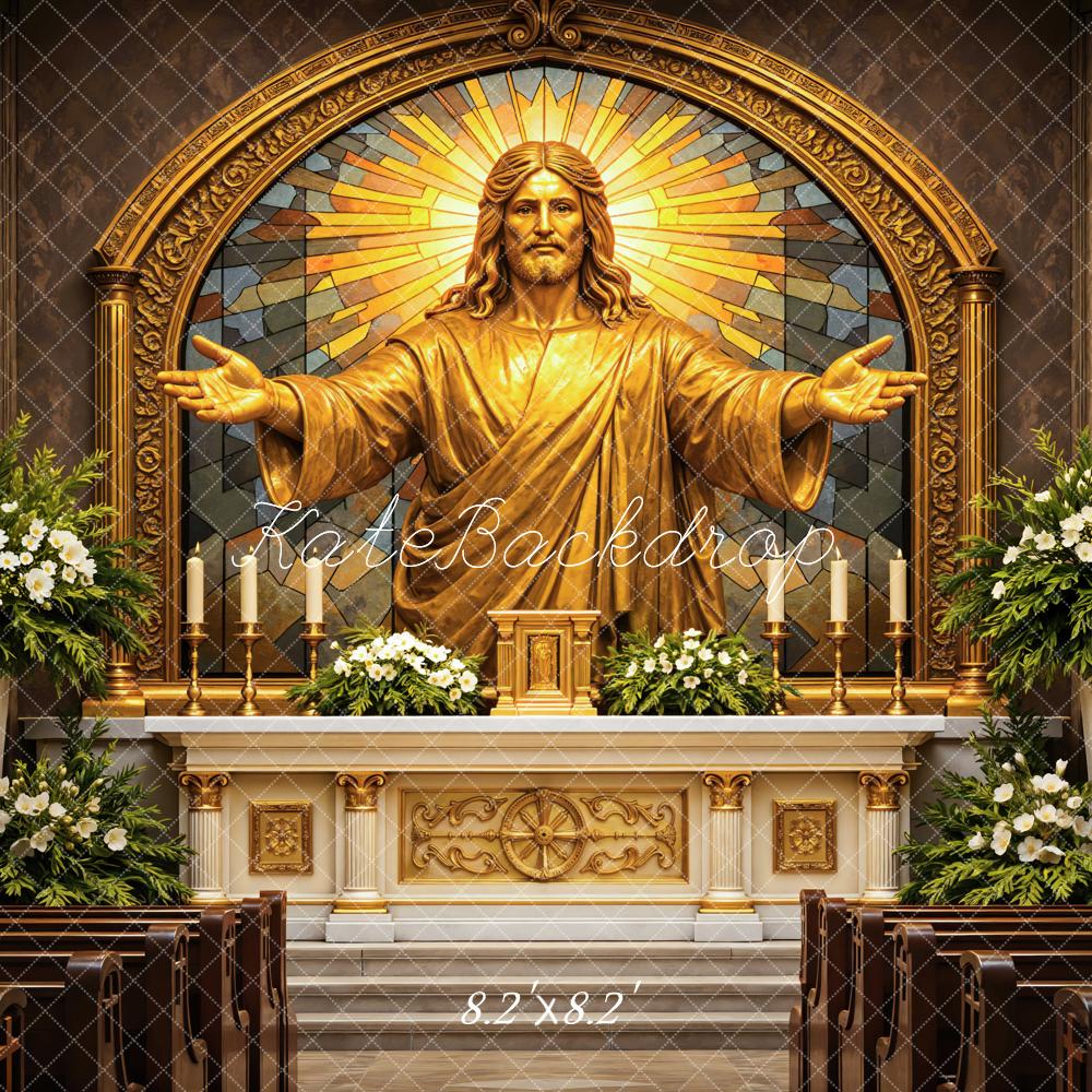 Kate Church Altar Gold Jesus Statue Stained Glass Floral Backdrop Designed by Mini MakeBelieve