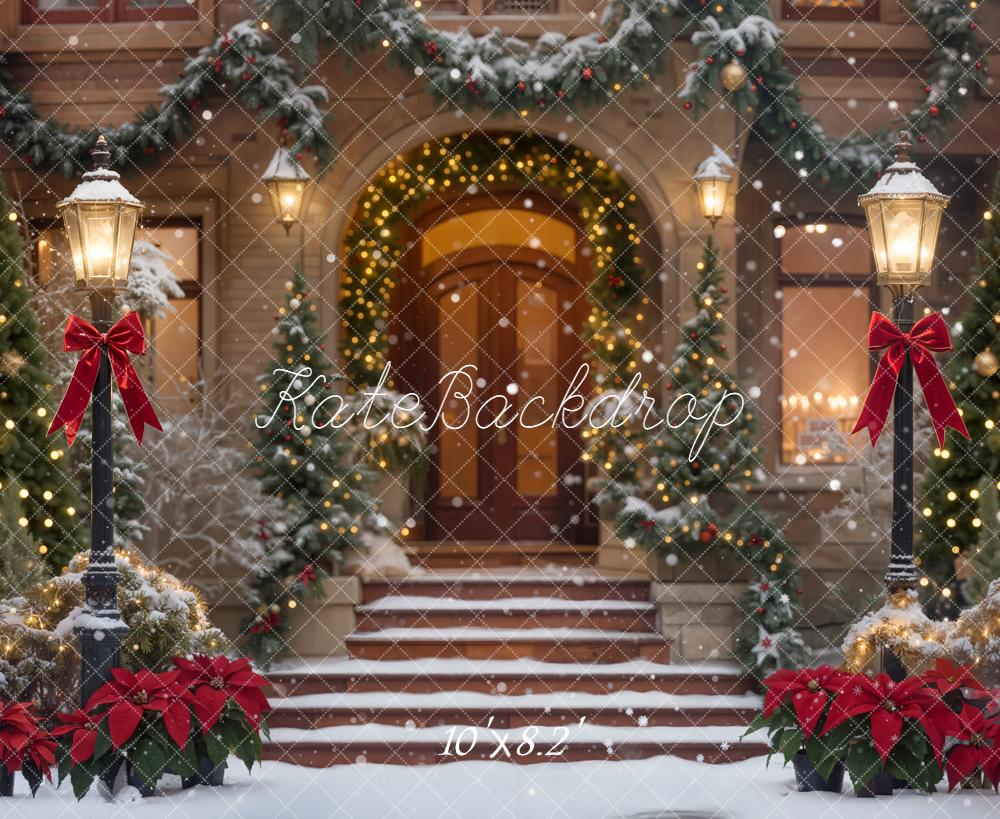 Kate Christmas Snowy Porch Garland Red Bows Lamppost Backdrop Designed by Emetselch