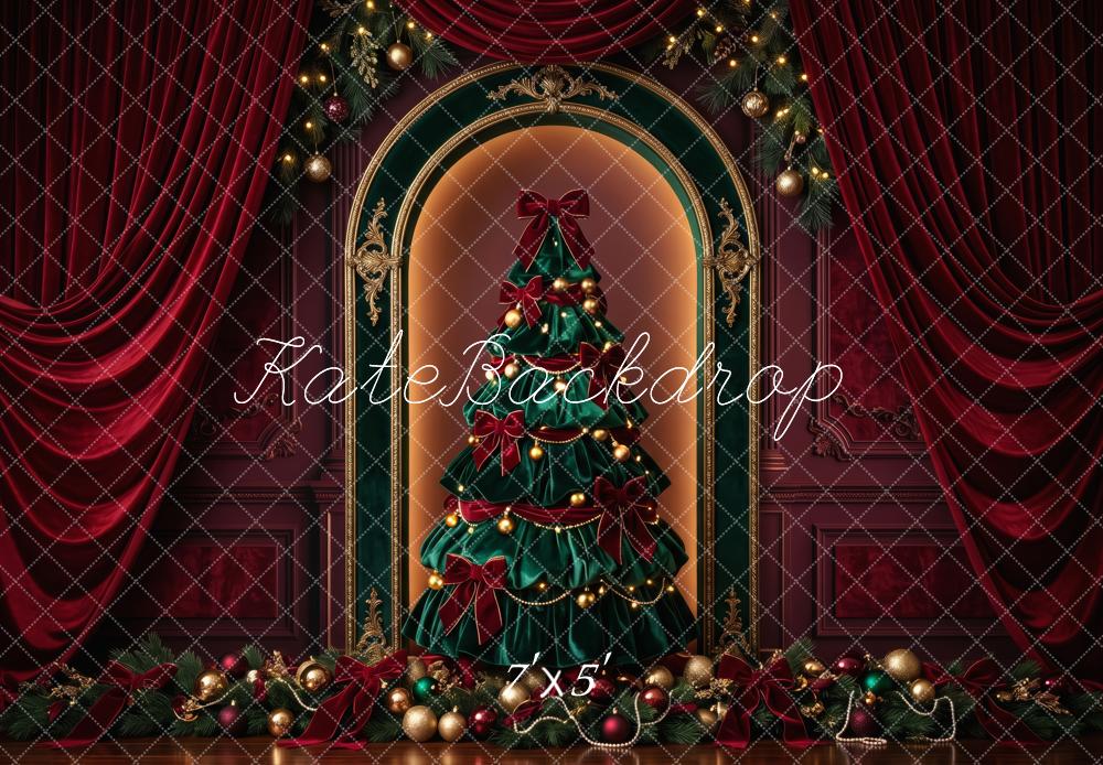 Kate Christmas Tree Elegant Red Velvet Curtains Ornaments Printed Backdrop Designed by Patty Roberts